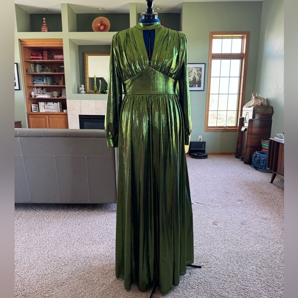 Metallic Cerise green occasion maxi dress